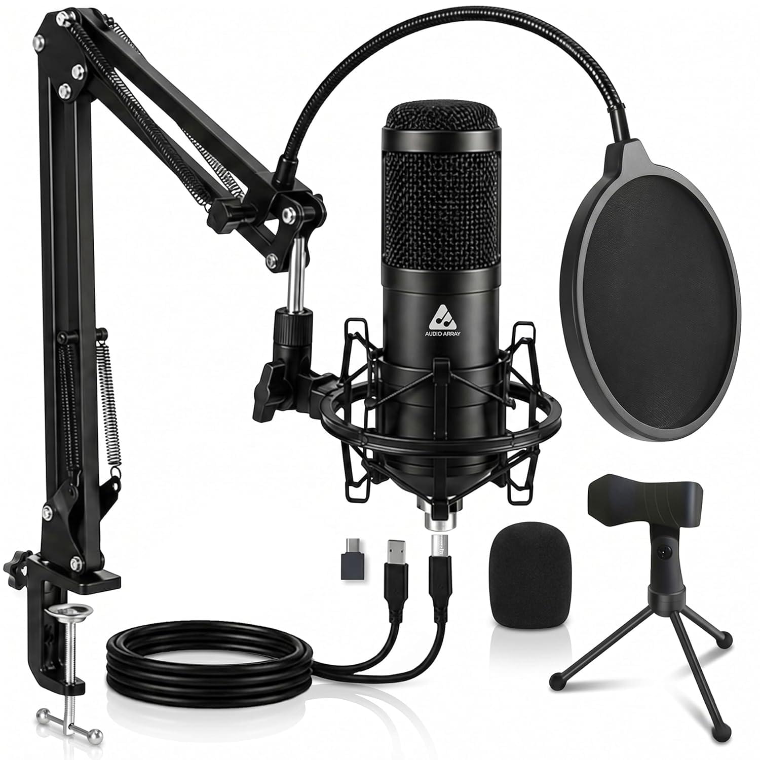Audio Array USB Condenser Microphone Kit | for Podcasting, Online Meeting, Gaming, Singing & Live Streaming | Boom Arm, Pop Filter, Mic Cover, Spider Shock Mount, Tripod & 2.5M USB Cable | AM-C1