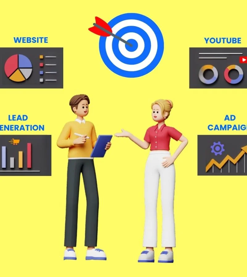 Digital marketing strategy illustration showing website analytics, YouTube marketing, lead generation, and ad campaign optimization with two marketers discussing goals and growth.